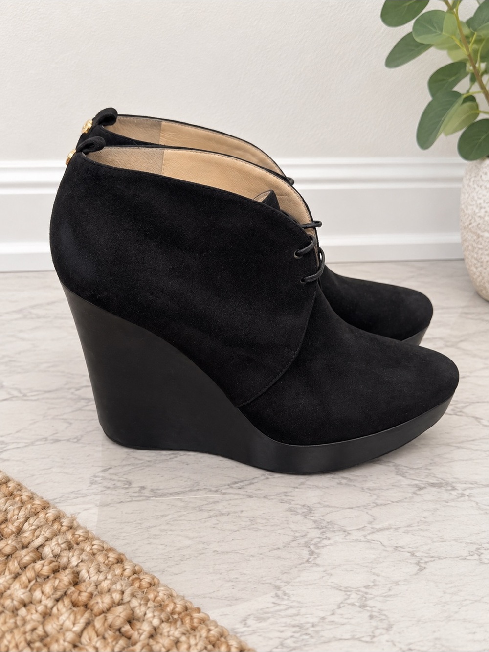 Jimmy Choo Black Suede Lace Up Wedge Ankle Boots 37